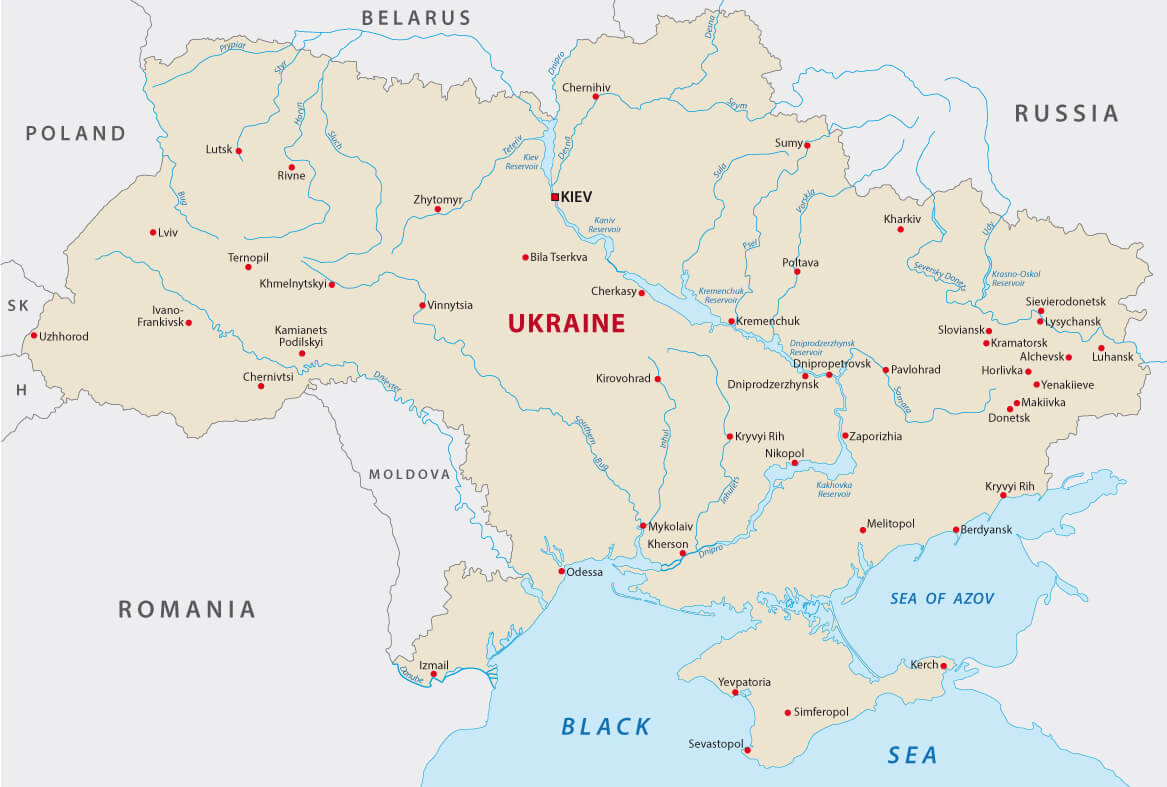 Kostenlose Karte der Ukraine mit Flüssen